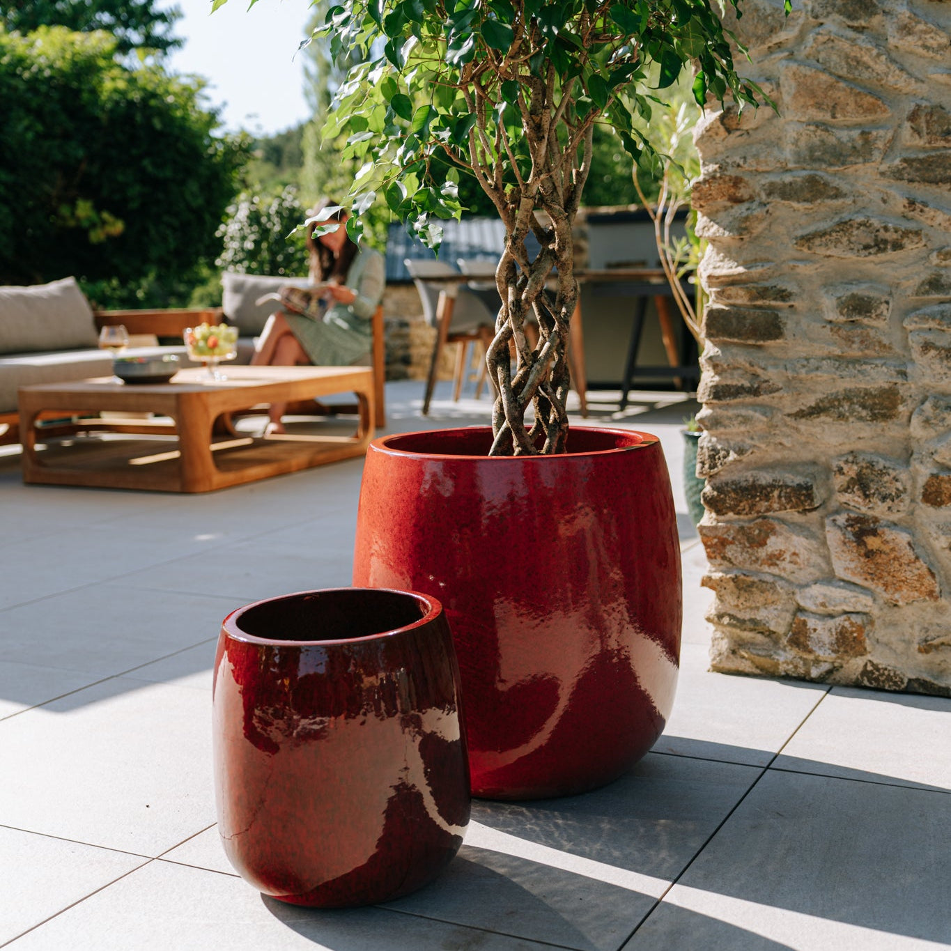 Provencelia Pflanzkübel SOCRATE Tropenrot – glasierte Keramik, Anduze-Stil