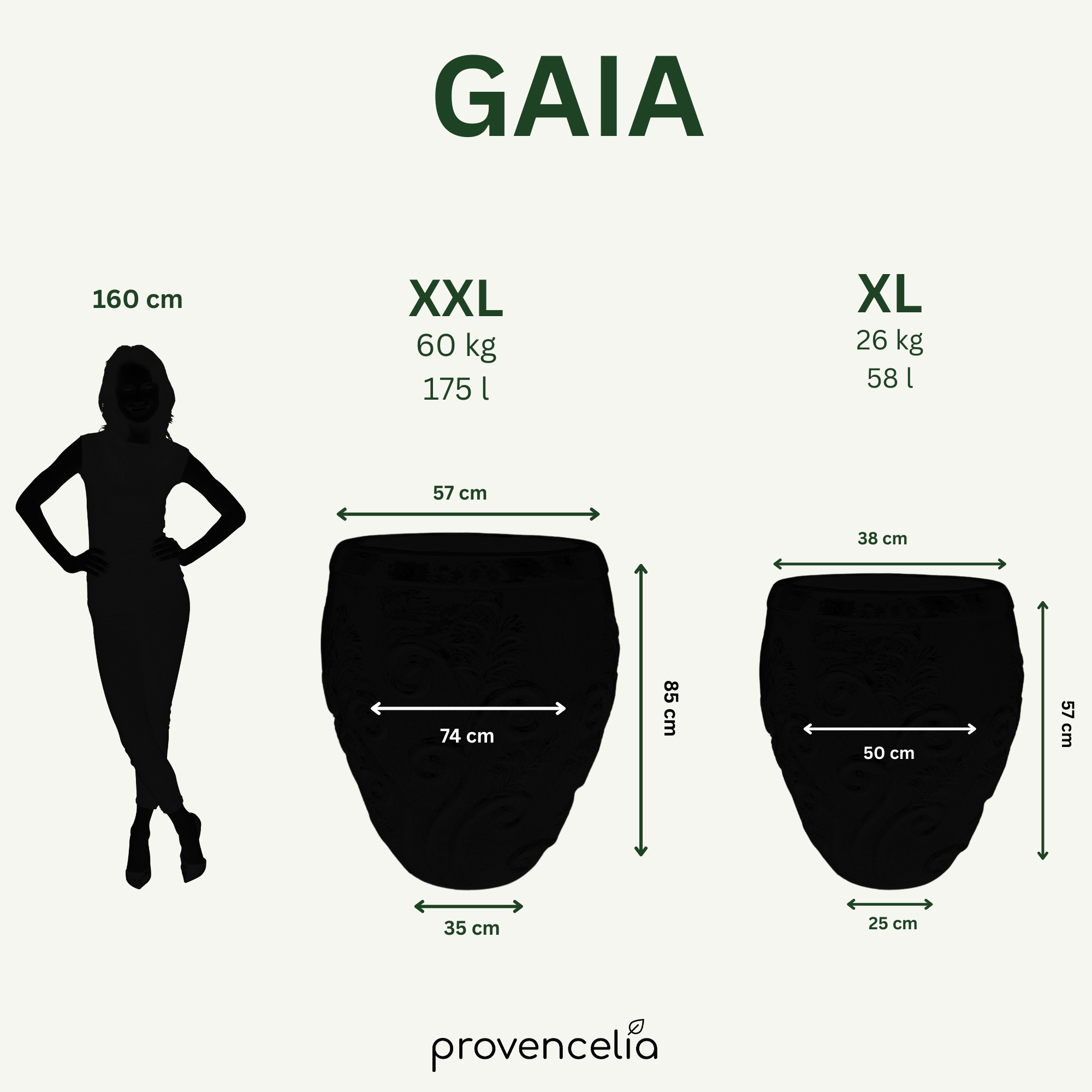 Größenvergleich Keramik-Pflanzkübel GAIA Tropengrün – Größen M bis XXL