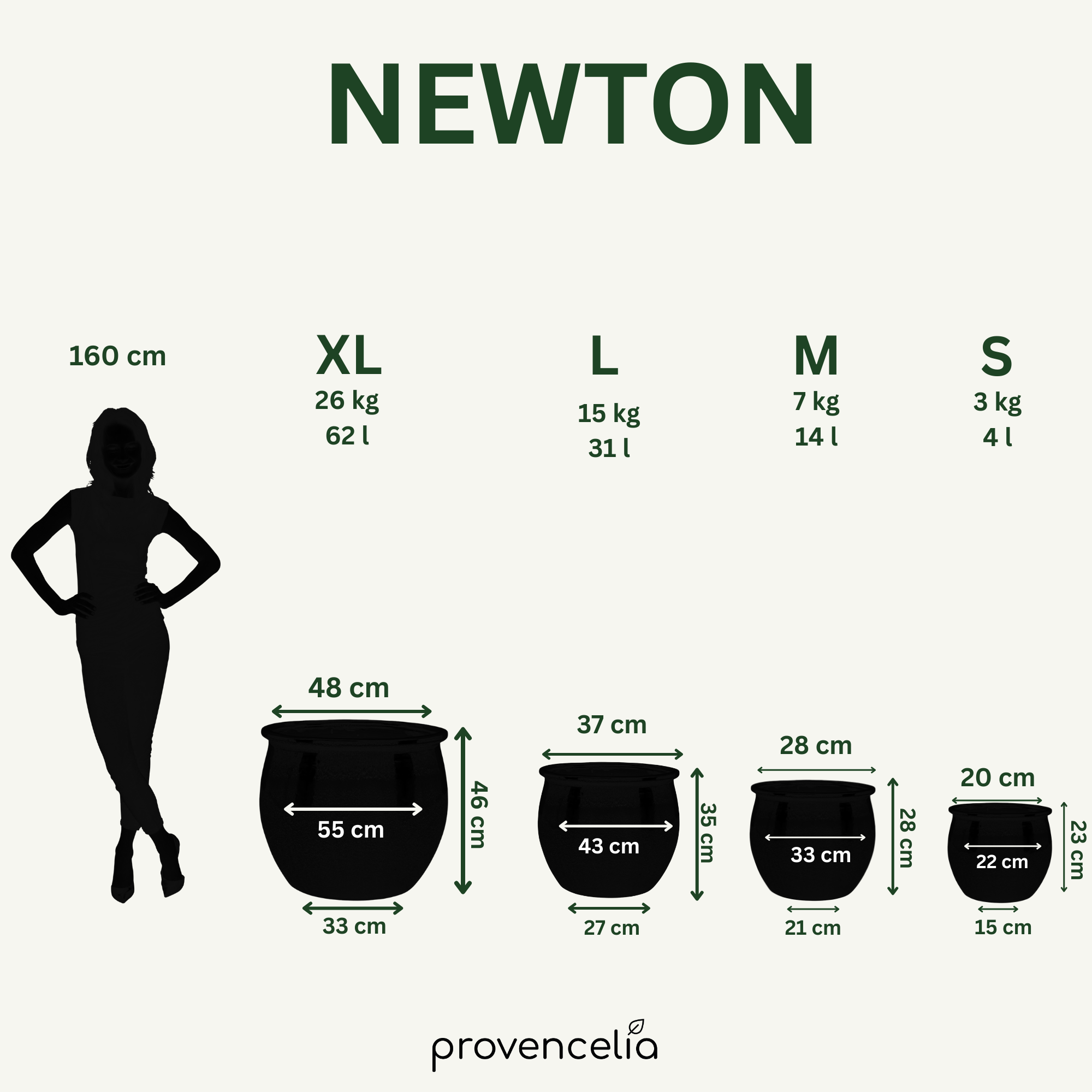 Größenvergleich Keramik-Pflanzkübel NEWTON Crème – Größen M bis XXL