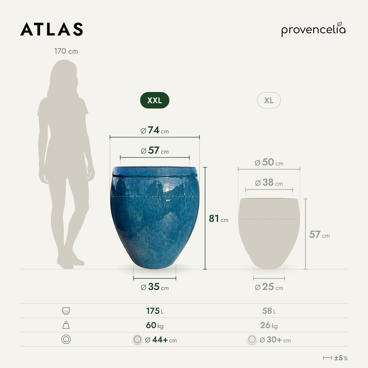 Pot ATLAS décoratif 75x78 cm bleu caraïbes en terre cuite émaillée, vue de face avec schéma dimensionnel