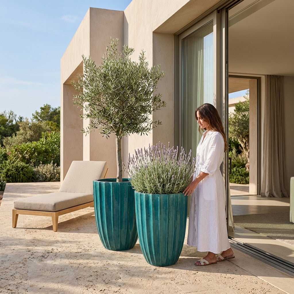 Ručně vyráběný glazovaný keramický květináč Hugo tyrkysový z terakoty