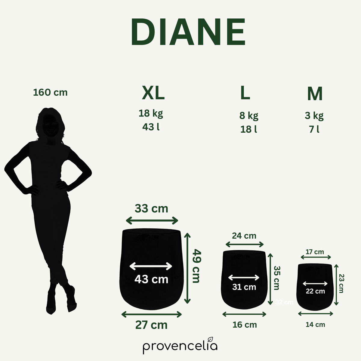 Größenvergleich Keramik-Pflanzkübel DIANE Perlová – Größen M bis XXL