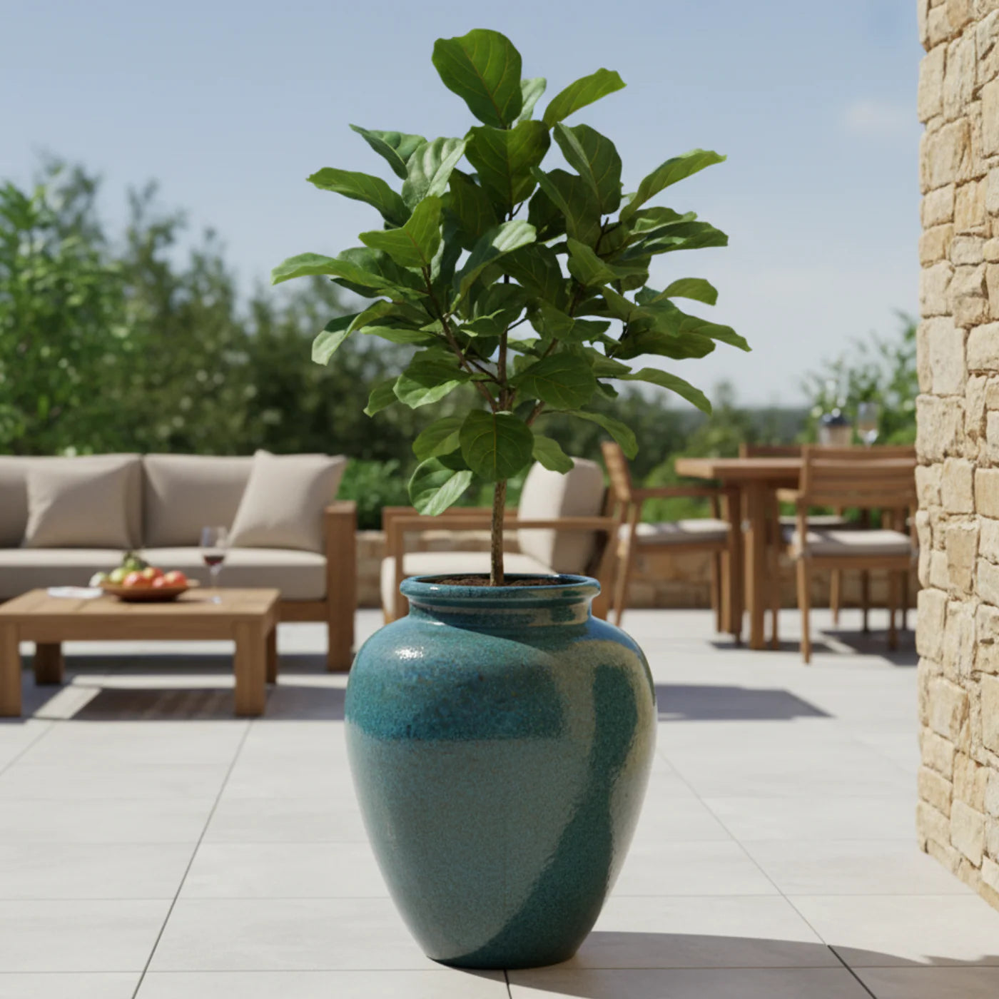 Provencelia Pflanzkübel DIONYSOS Stahlblau – glasierte Keramik, Anduze-Stil