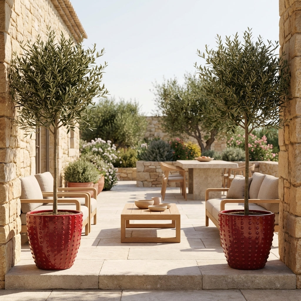 Ručně vyráběný keramický květináč Attila Císařsky červený z terakoty s levandulí na kamenné dlažbě slunné terasy.