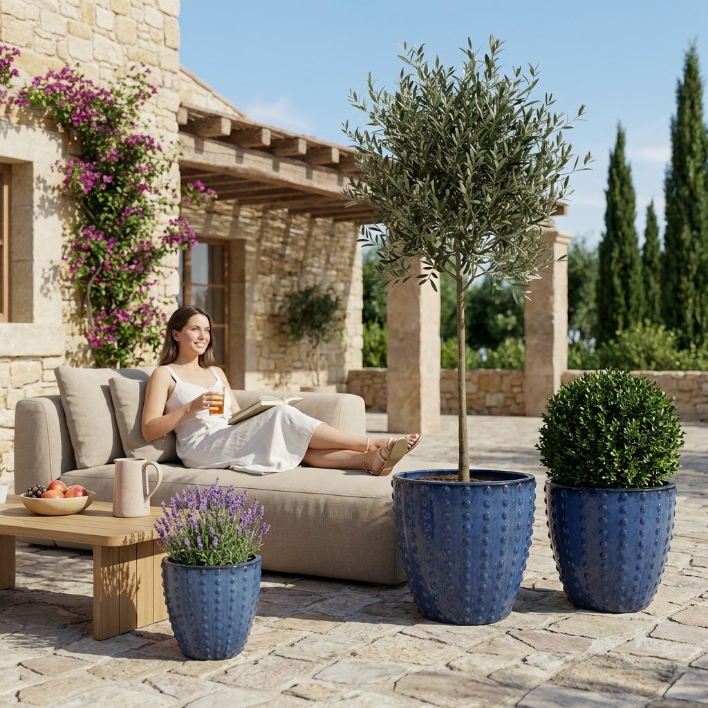 Provencelia Pflanzkübel ATTILA Antikenblau – glasierte Terrakotta, Anduze-Stil