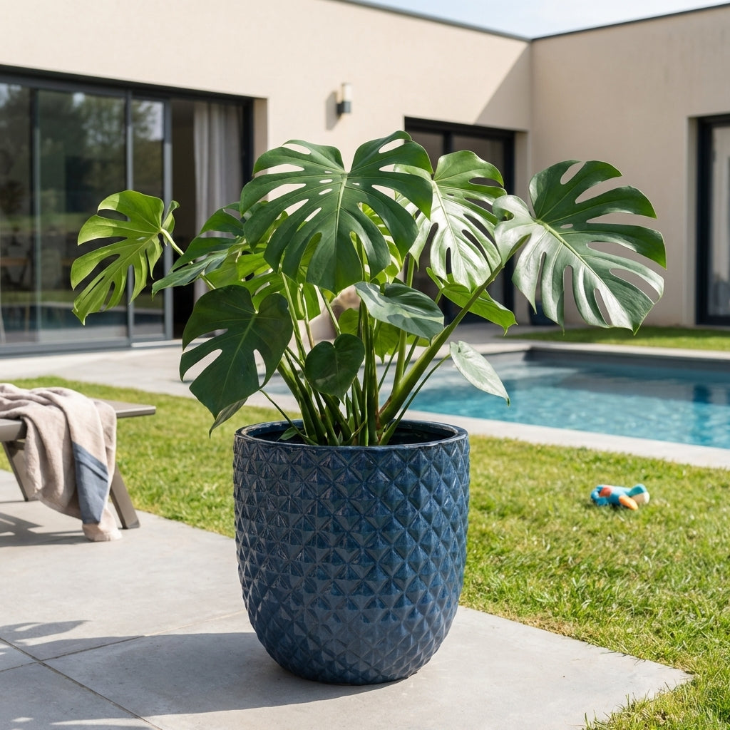 Detail textury glazury pro keramický květináč Mars Anticky modrý – ručně vyráběný glazovaný květináč z terakoty ve velikosti XL na moderní rodinné terase s bazénem.