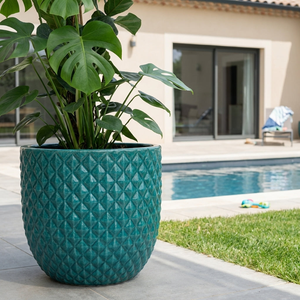 Detail na velký keramický květináč Mars Tyrkysový z ručně vyráběné glazované terakoty na moderní rodinné terase s bazénem.