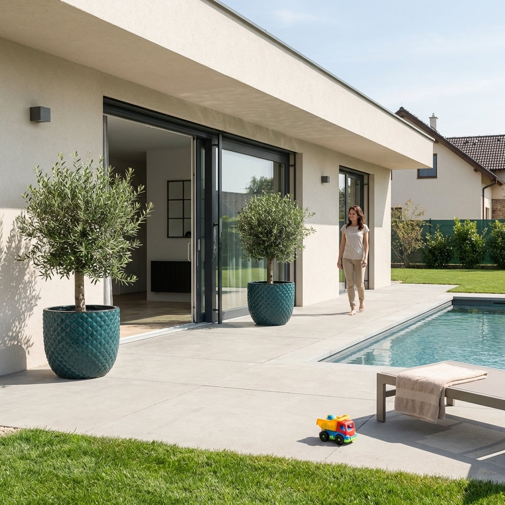 Detail na ručně vyráběný petrolejově modrý keramický květináč Mars z glazované terakoty na moderní slunné terase u bazénu.