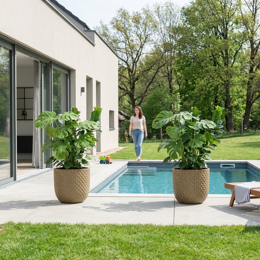 Detail na velký keramický květináč Mars Broušený bronz. Ručně vyráběný glazovaný květináč z terakoty na moderní rodinné terase u bazénu.