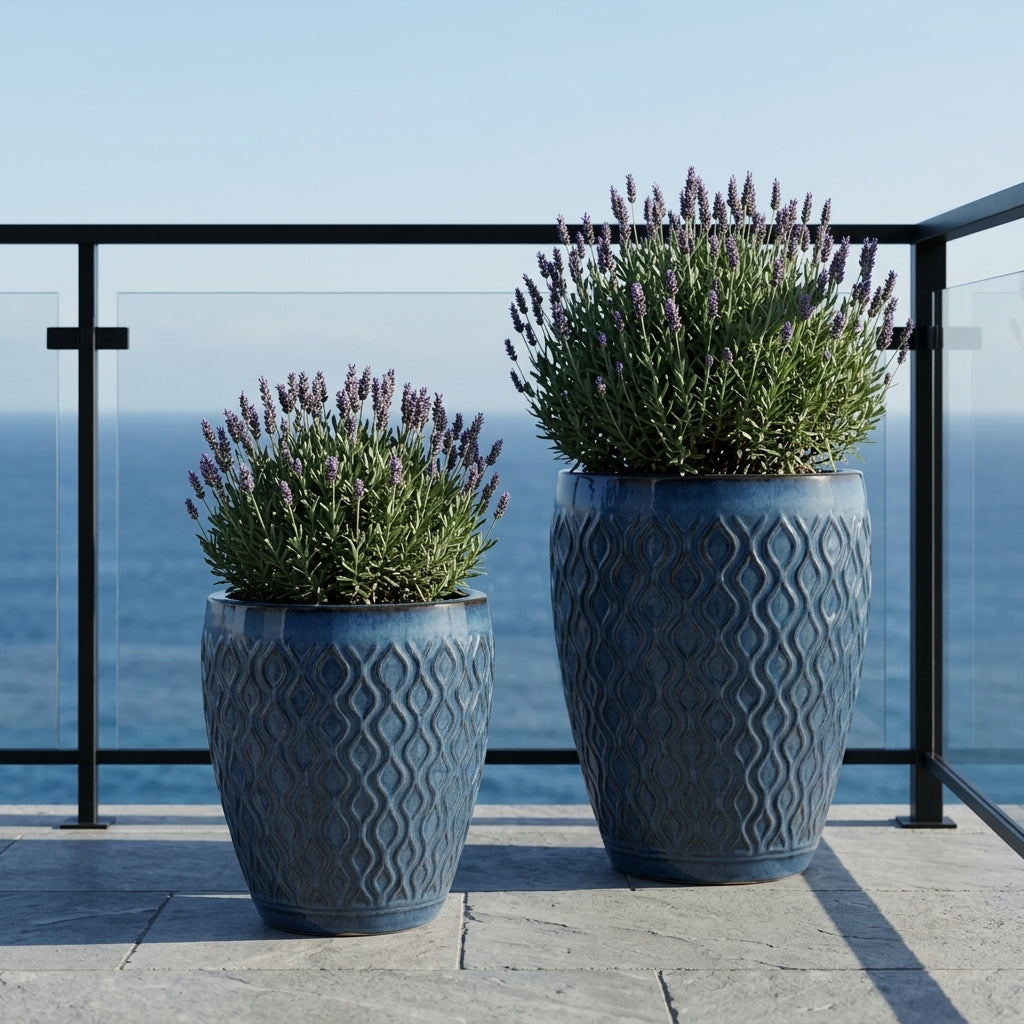 Provencelia Pflanzkübel PHENIX Antikenblau – glasierte Terrakotta, Anduze-Stil