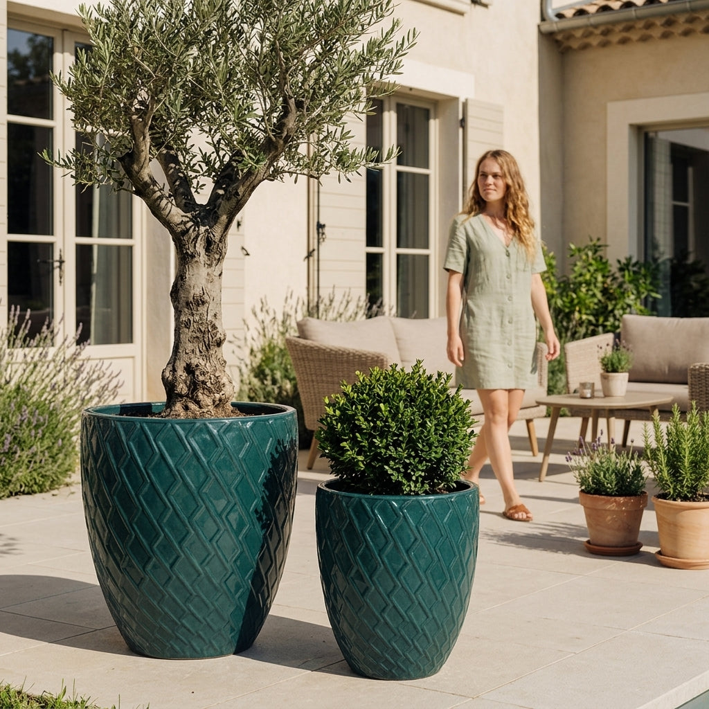Provencelia Pflanzkübel ZEUS Petrolejová modrá – glasierte Terrakotta, Anduze-Stil