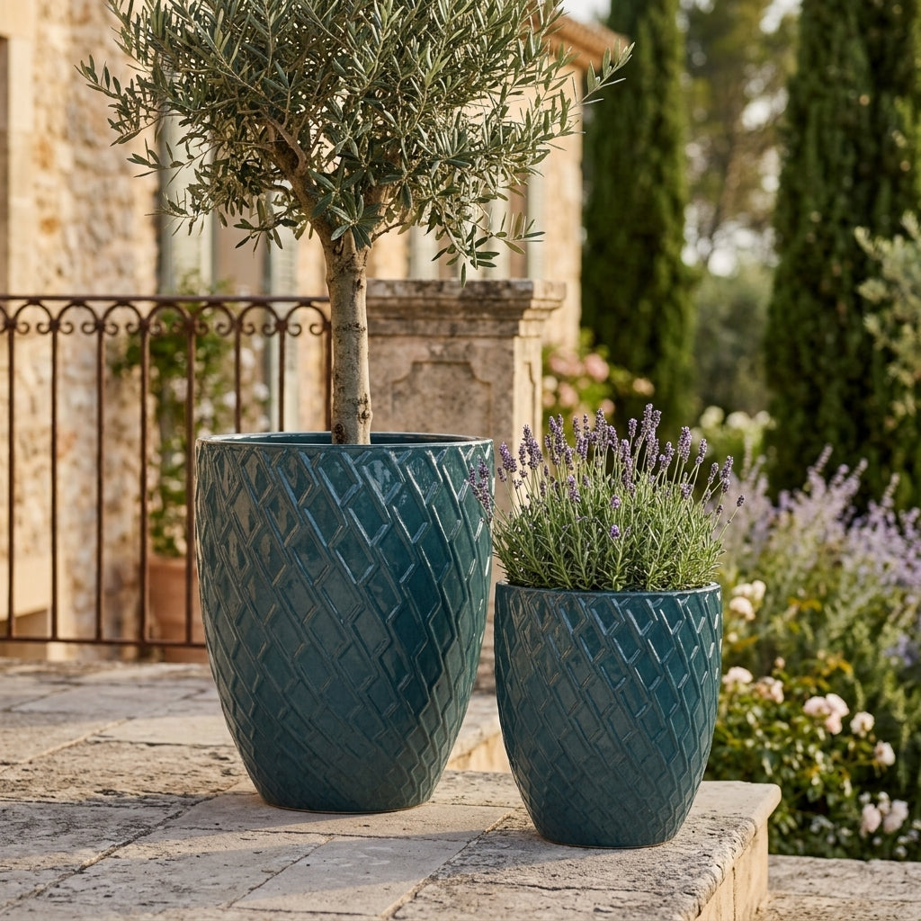Blumentopf ZEUS Petrolejová modrá – handgefertigte Keramik, XXL bis 68 cm