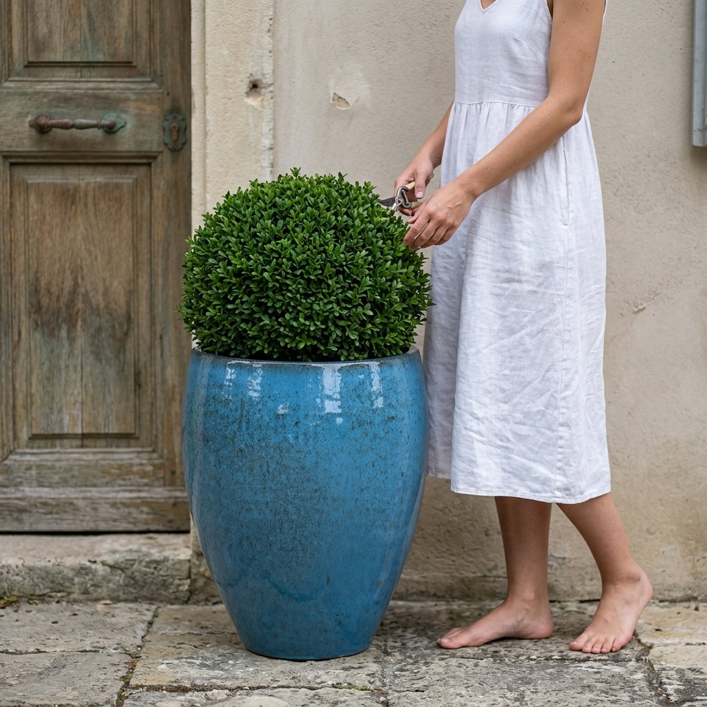 Keramischer Blumentopf POSEIDON2 Stahlblau – Provencelia, handgefertigt, frostbeständig