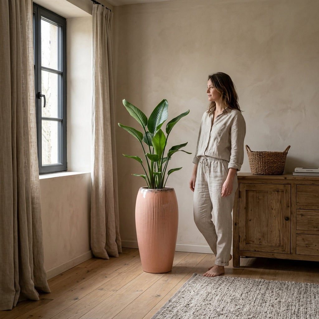 Keramický květináč Milano - Růžová o výšce 61 cm se vzrostlou strelitzií v moderním skandinávském interiéru. Detail ženy, která se jemně dotýká listů rostliny.