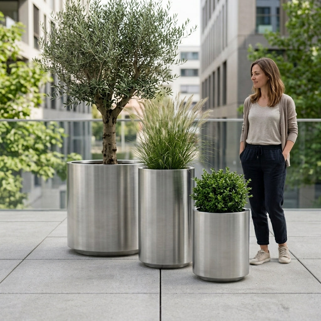 Detailní pohled na velký květináč z nerezové oceli Metropole - kartáčovaná nerezová ocel s olivovníkem na moderní městské terase.