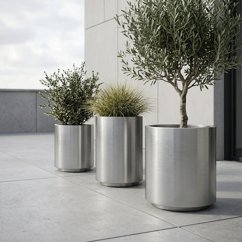 Detailní pohled na Velký květináč z nerezové oceli Metropole - Kartáčovaná nerezová ocel s olivovníkem na moderní městské terase.