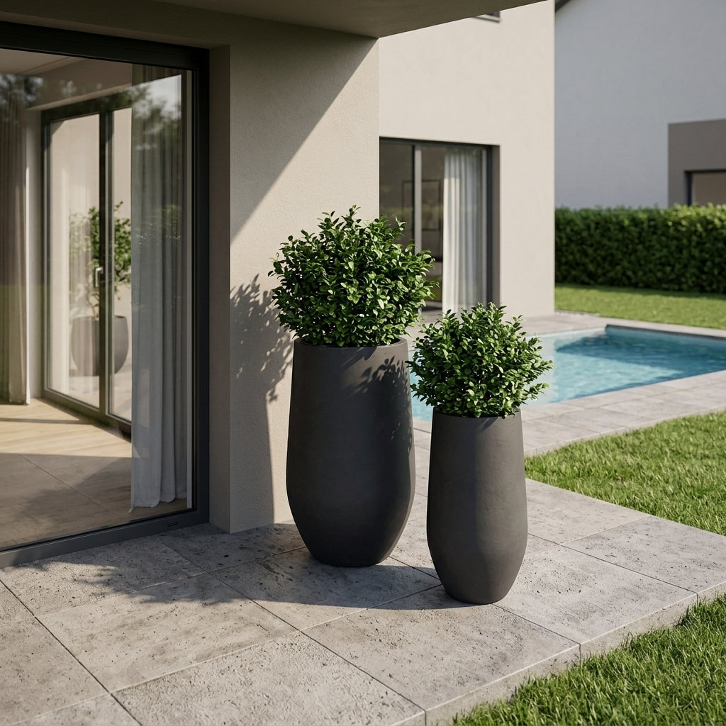 Detail hnědého betonového květináče Zenith s keřem na moderní rodinné terase u bazénu.