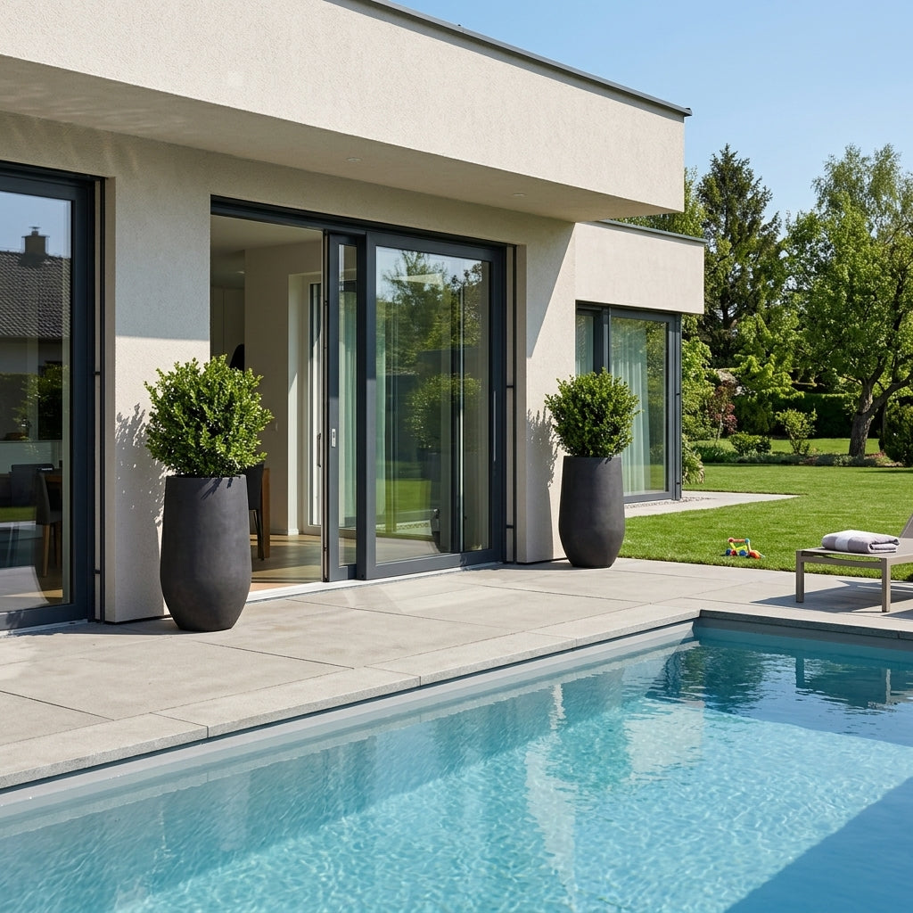 Hnědý betonový květináč Zenith XXL (40 x 80 cm) s keřem na moderní prosluněné terase u bazénu.