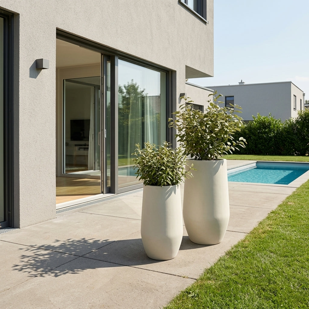 Detail béžového betonového květináče Zenith XXL (40x80 cm) se zasazeným keřem na moderní terase s bazénem.