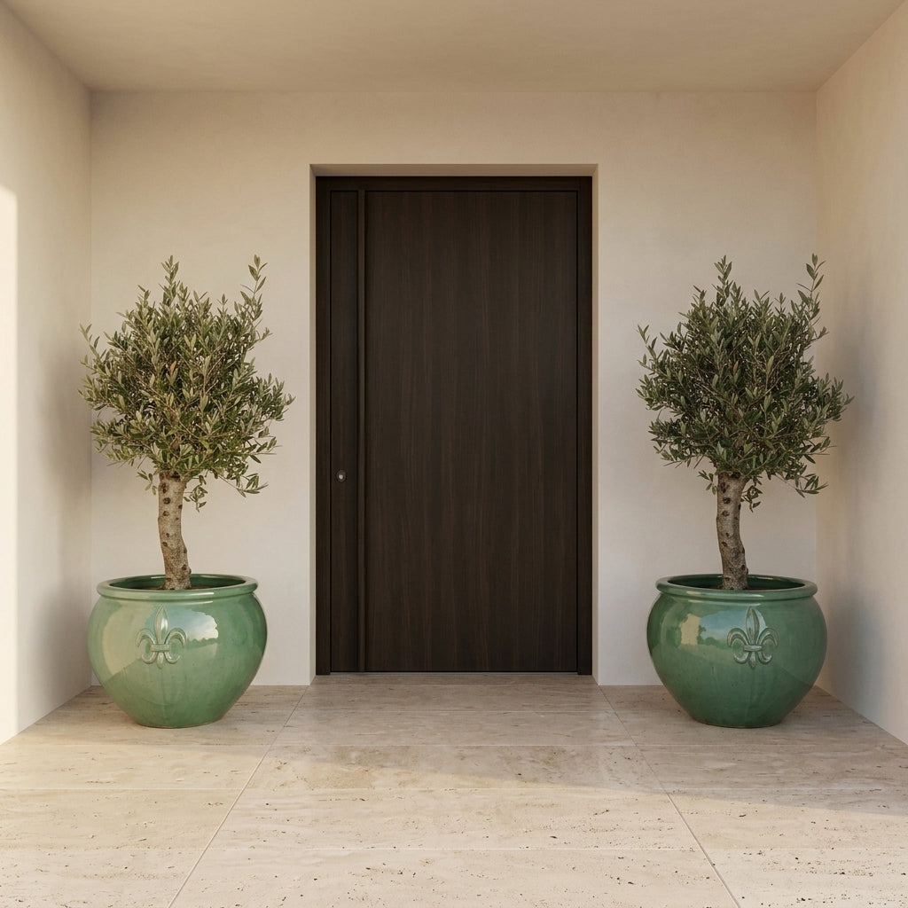 Olivenbaum kräftiger Stamm im Pflanzkübel CLOVIS Jade – draußen auf der Terrasse