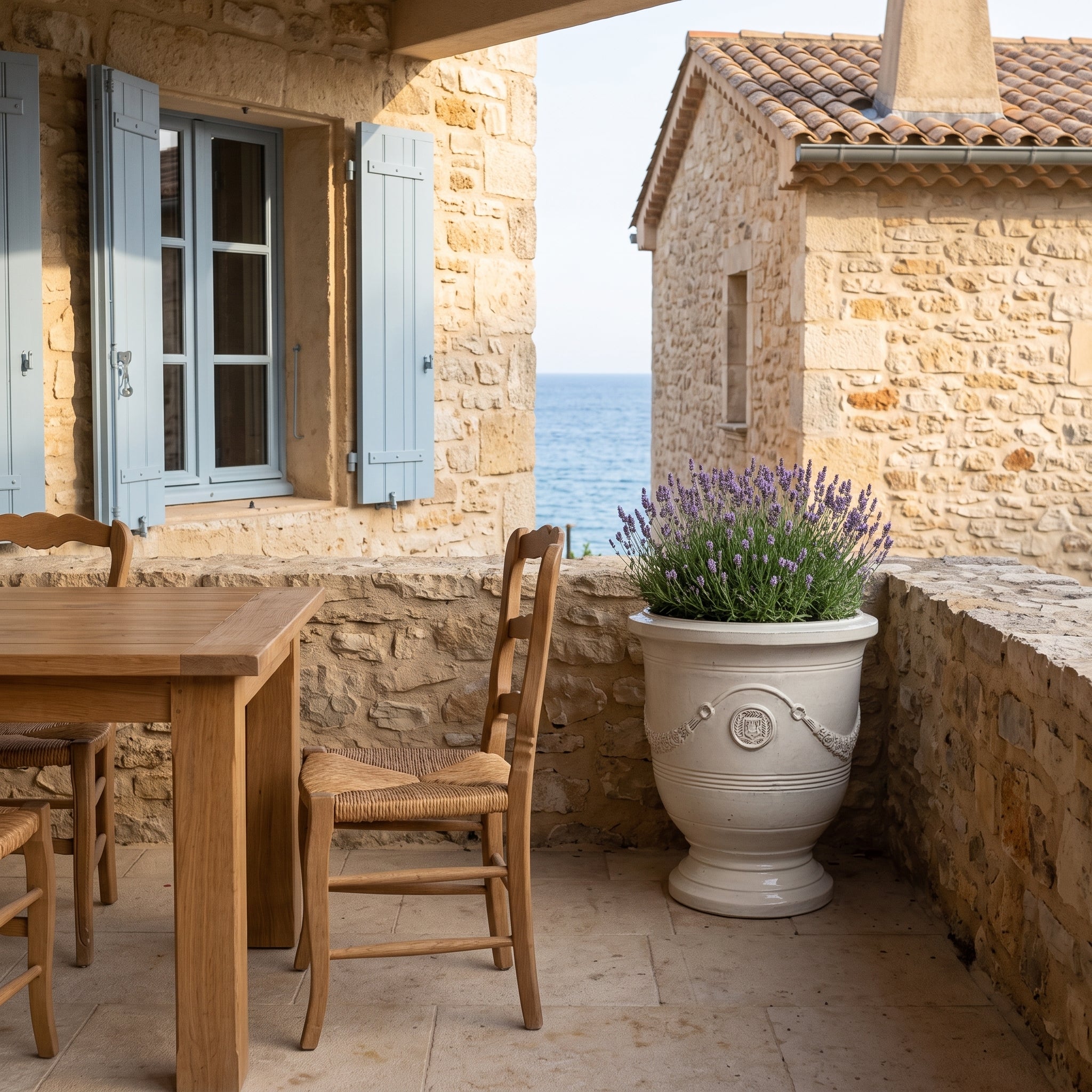Keramický květináč RICHELIEU - Krémová - L (35 x 42 cm) s levandulí u kamenné zdi na francouzské středomořské terase.