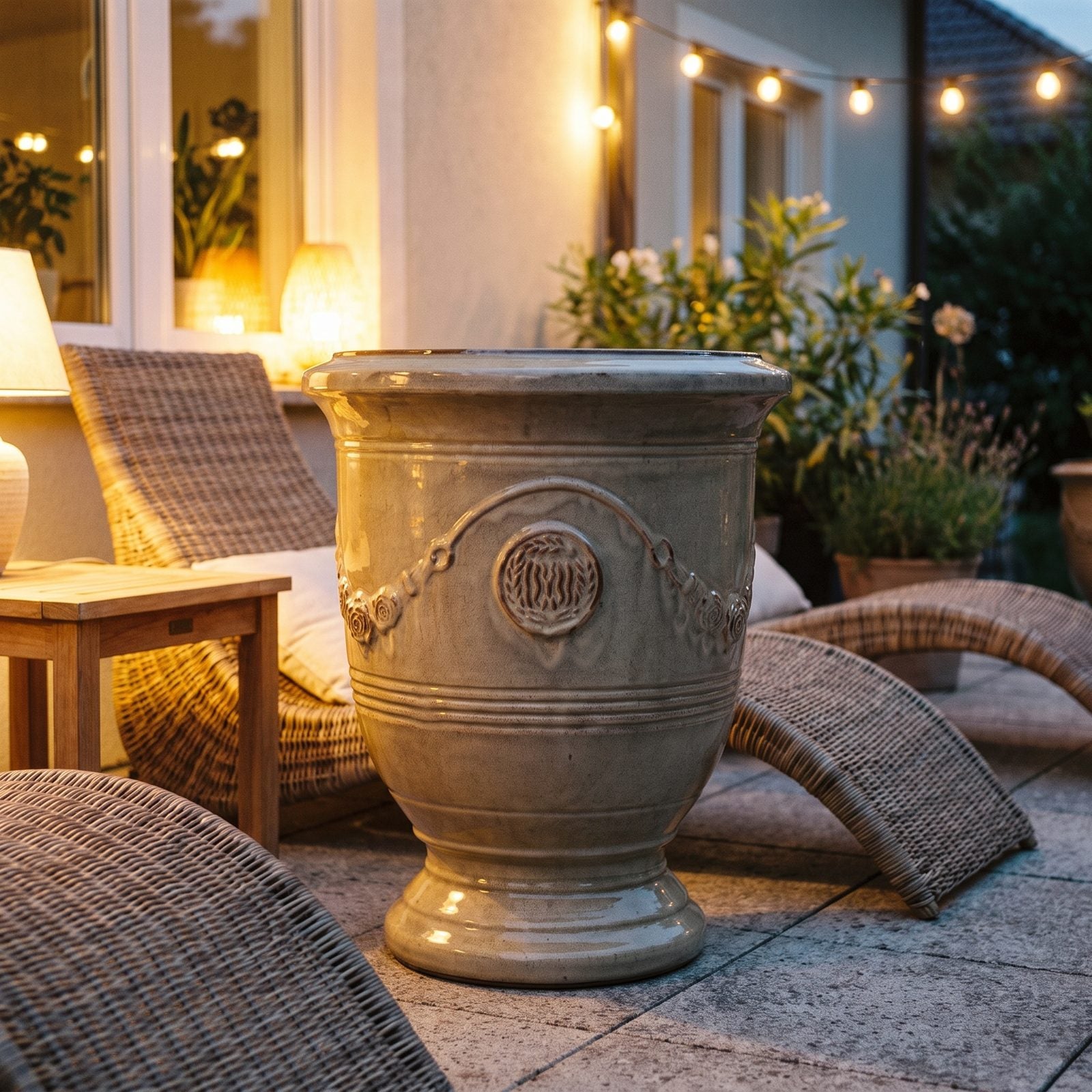 Abendliche Terrasse mit Lampen und Pflanzkübeln RICHELIEU Sandbronze mit Blick auf die Bucht