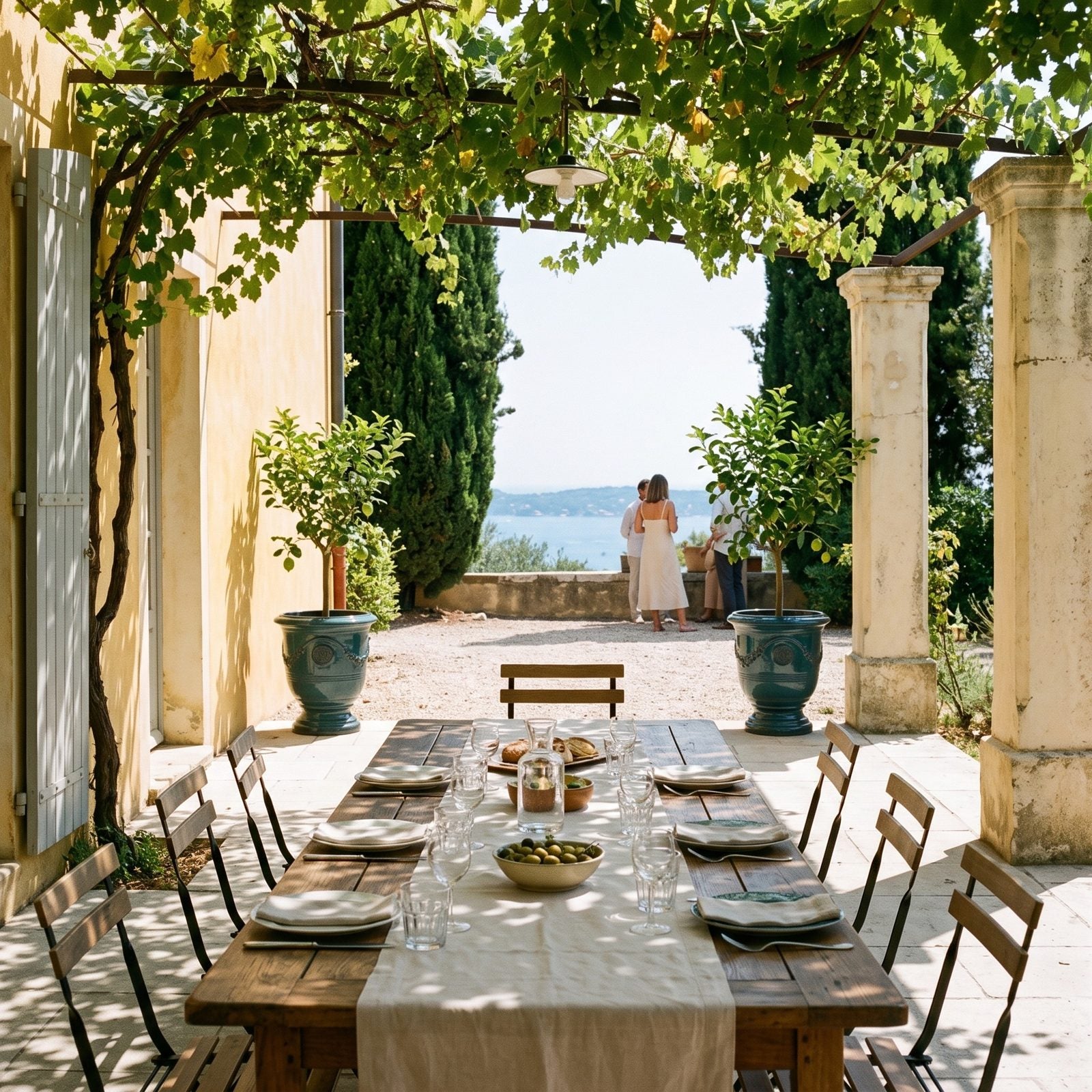 Gedeckter Tisch unter der Pergola mit Meerblick, flankiert von zwei RICHELIEU Tropische Lagune