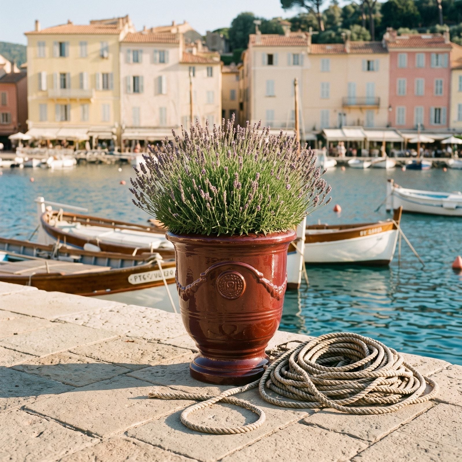 Keramik-Pflanzkübel RICHELIEU Ziegelrot mit rosa Oleander auf der Hafenmole an der Riviera