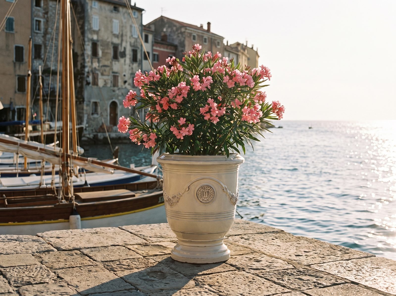 Keramik-Pflanzkübel RICHELIEU Creme mit rosa Oleander auf der Hafenmole an der Riviera