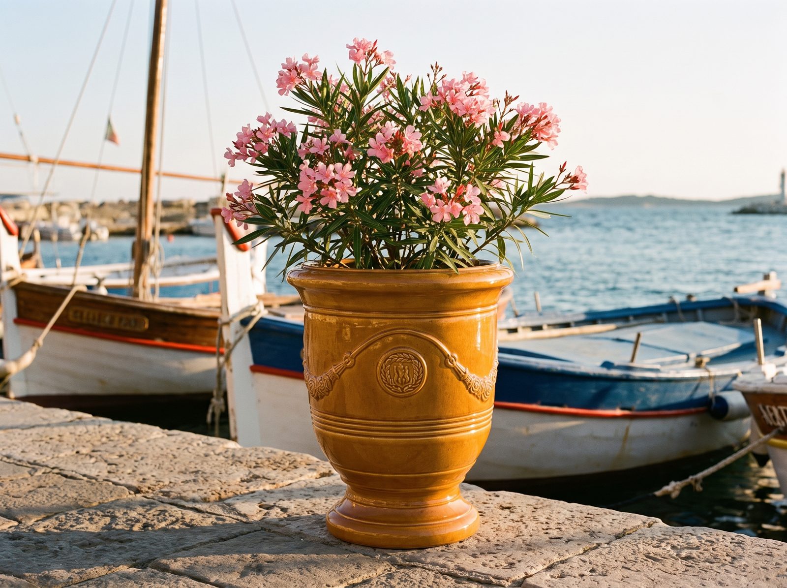 Keramik-Pflanzkübel RICHELIEU Honig mit rosa Oleander auf der Hafenmole an der Riviera