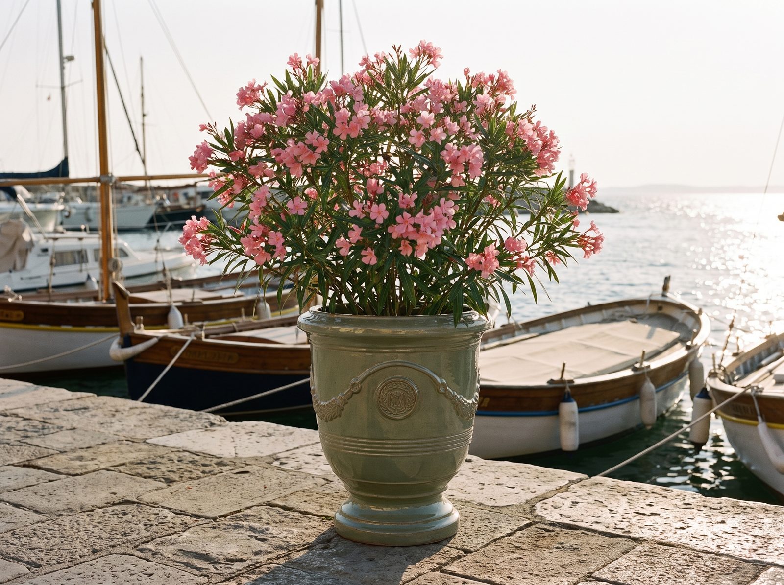 Keramik-Pflanzkübel RICHELIEU Jade-Perle mit rosa Oleander auf der Hafenmole an der Riviera