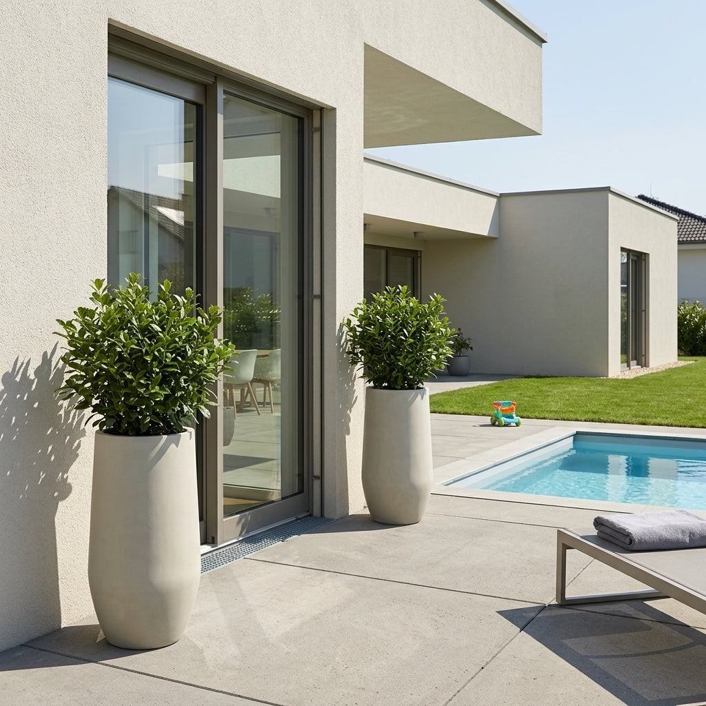 Párové betonové kvetináče Zenith na terase — symetrie