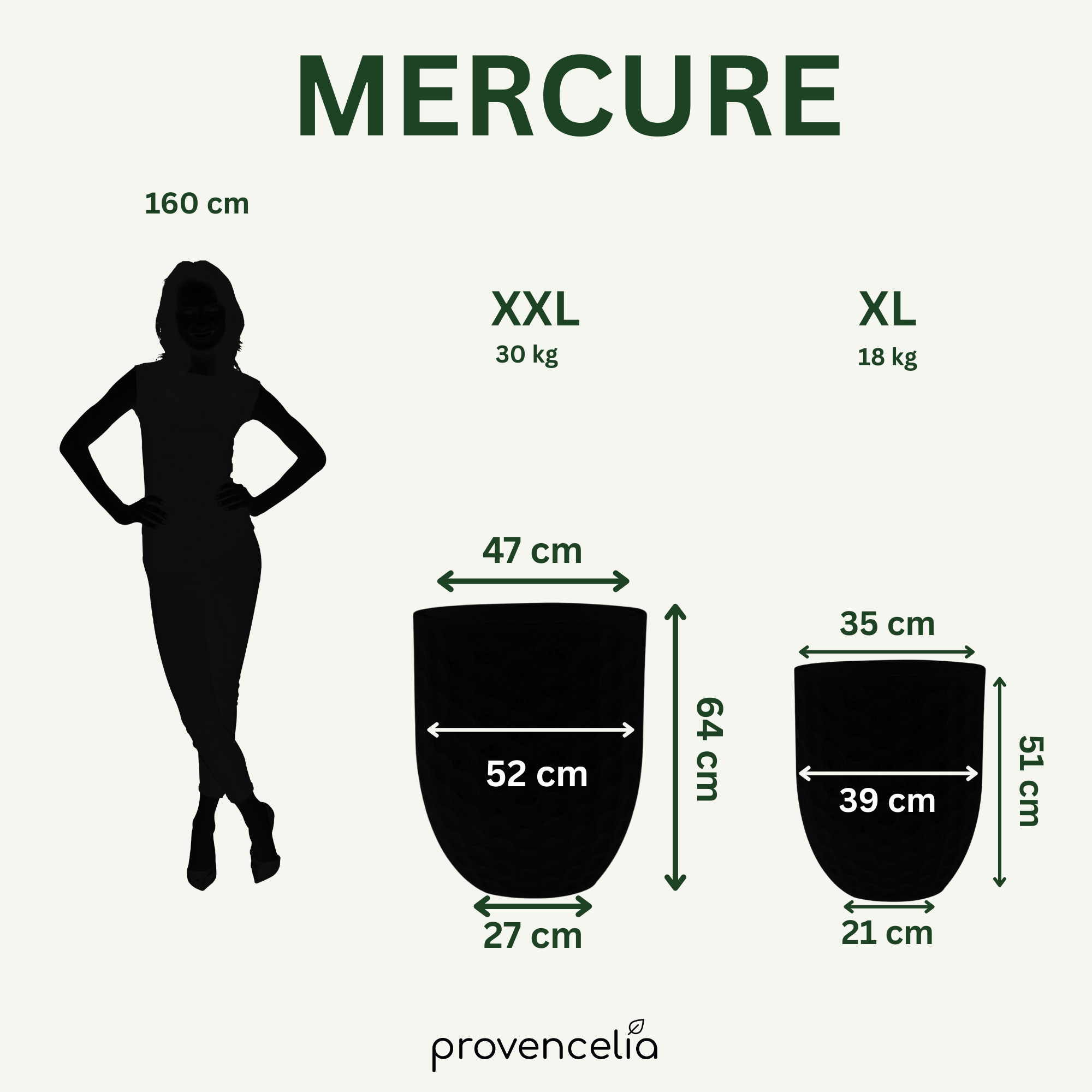 Velikostní tabulka a rozměry pro keramický květináč MERCURE