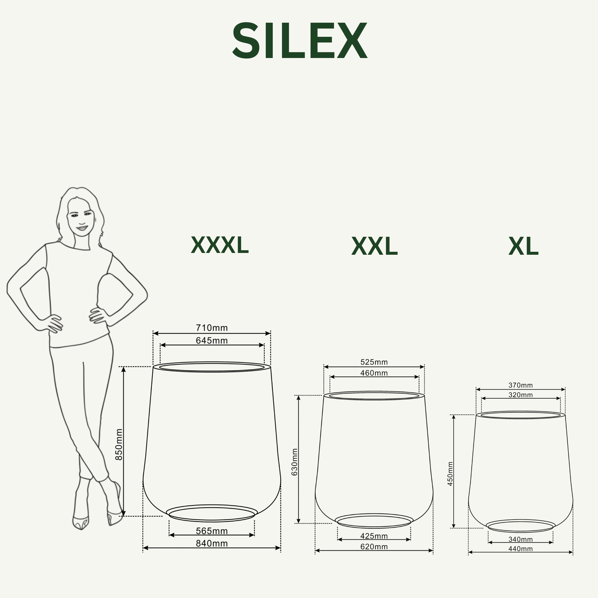 Velikostní tabulka a rozměry pro betonový květináč SILEX