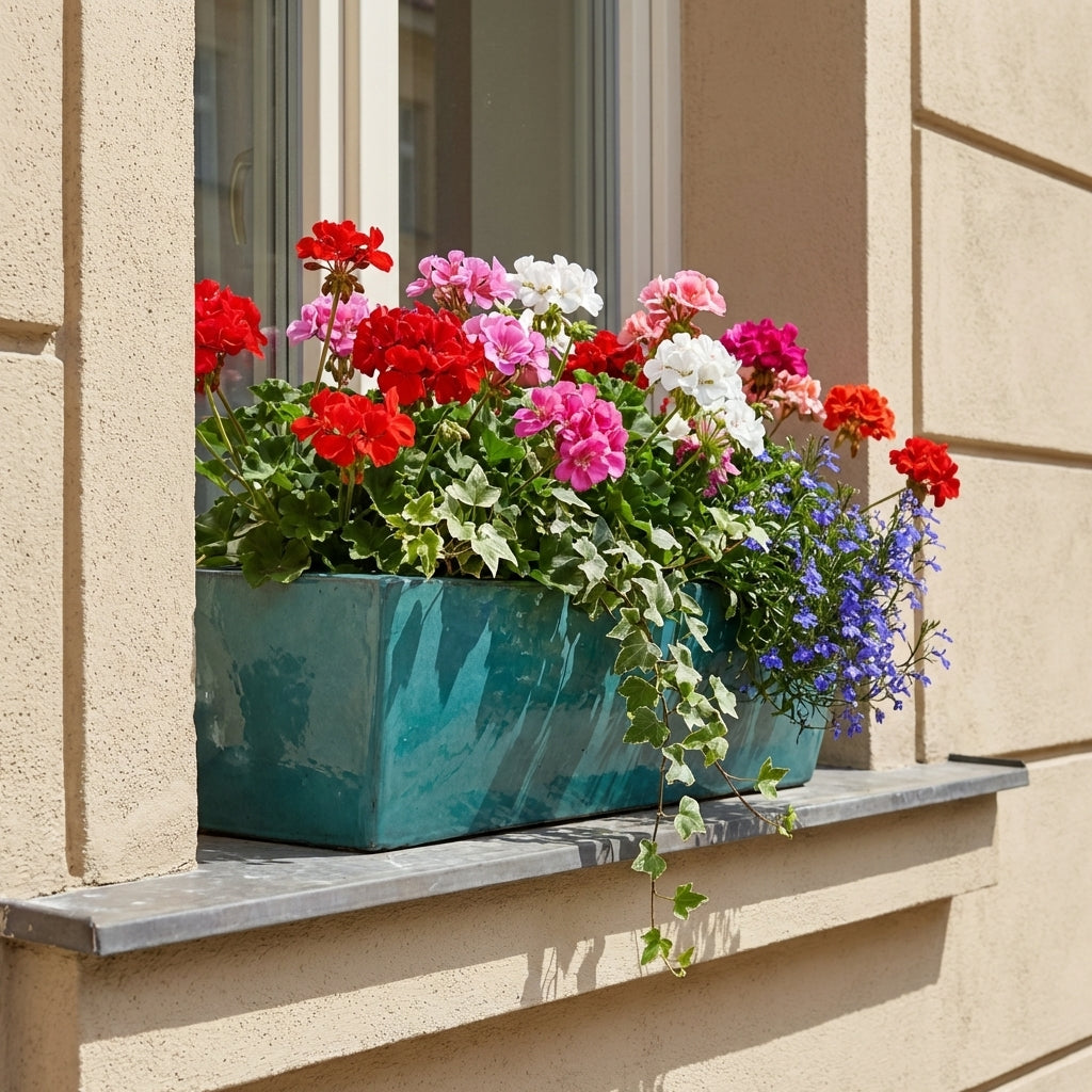 Nefritově zelený keramický truhlík GIONO s muškáty na venkovním parapetu moderního pražského domu s béžovou fasádou.