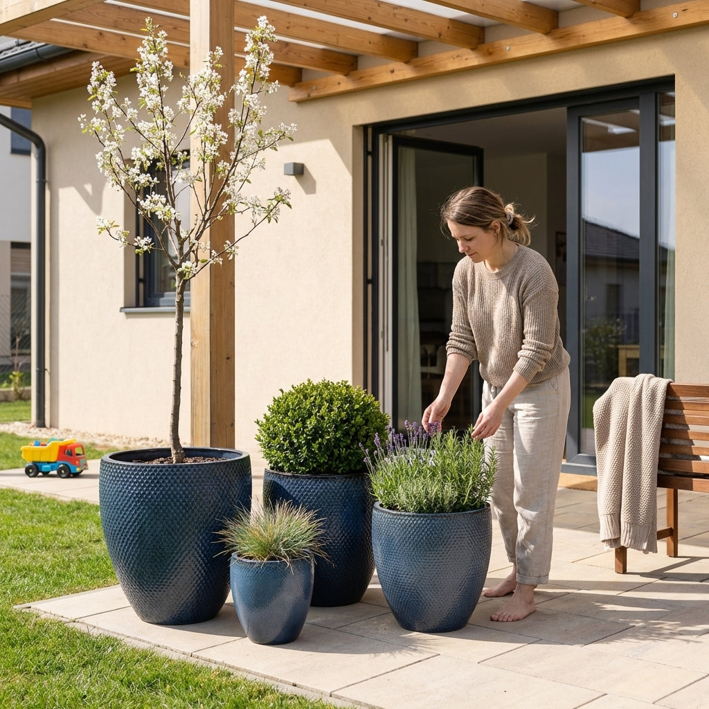 Provencelia Pflanzkübel SIGNAC Antikenblau – glasierte Terrakotta, Anduze-Stil