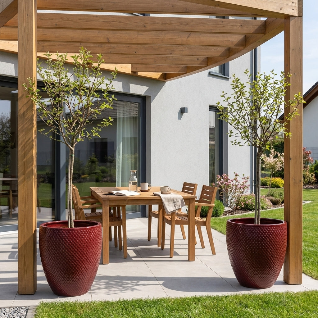 Detailní záběr na keramický květináč Signac - Císařská červená o výšce 52 cm osázený buxusem na slunné moderní terase.