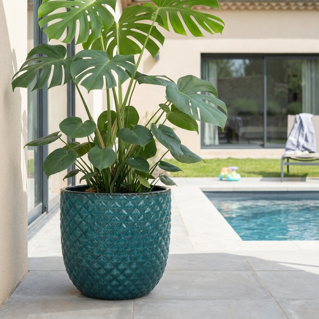 Detail na ručně vyráběný petrolejově modrý keramický květináč Mars z glazované terakoty na moderní slunné terase u bazénu.