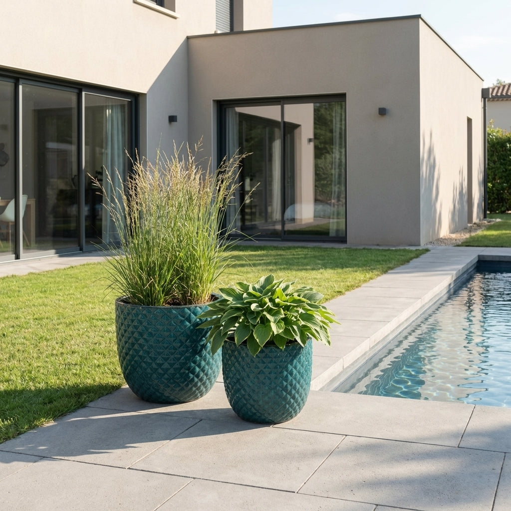 Detail na ručně vyráběný petrolejově modrý keramický květináč Mars z glazované terakoty na moderní slunné terase u bazénu.