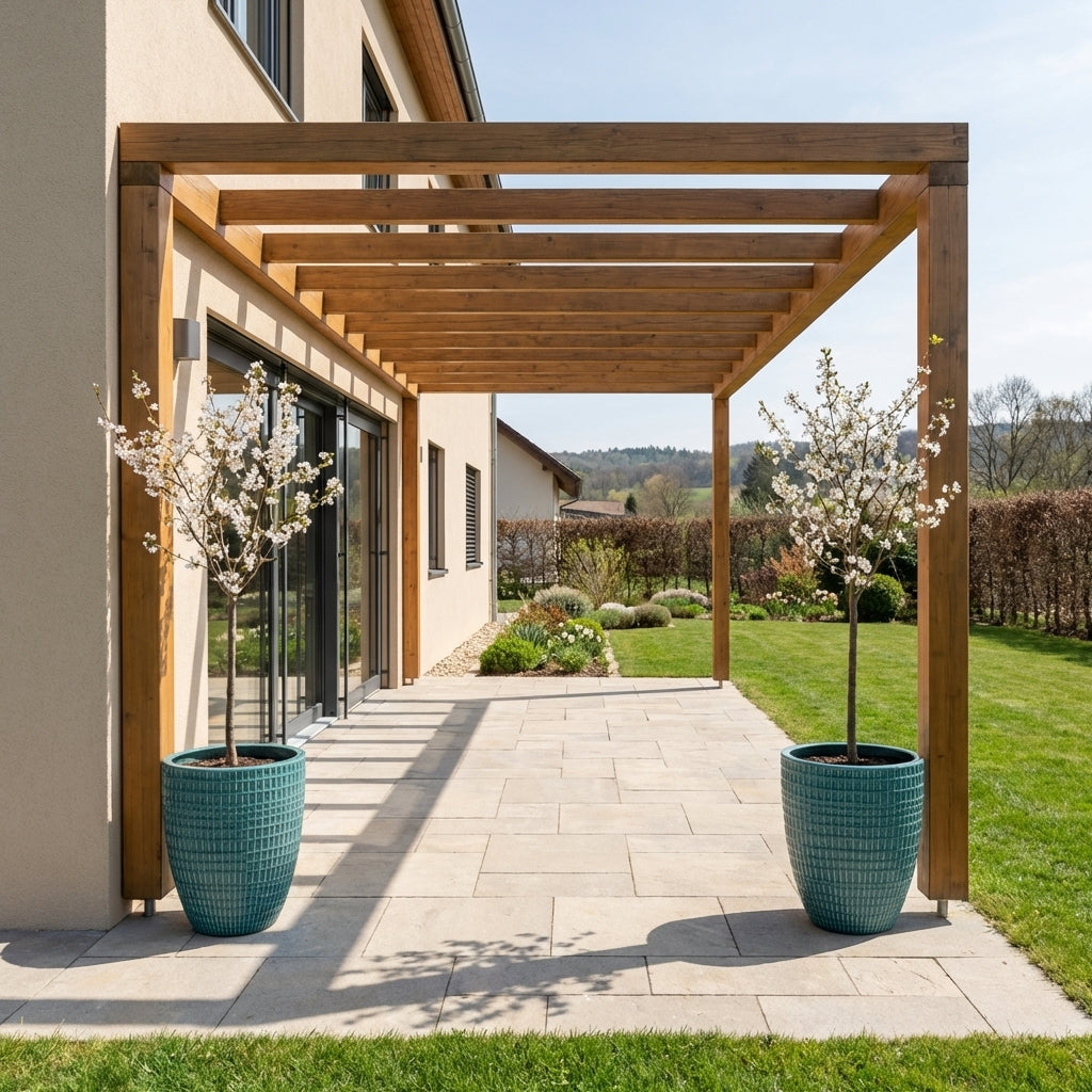 Detailní pohled na velký keramický květináč Verne - Tyrkysový s okrasným stromkem na moderní prosluněné terase.