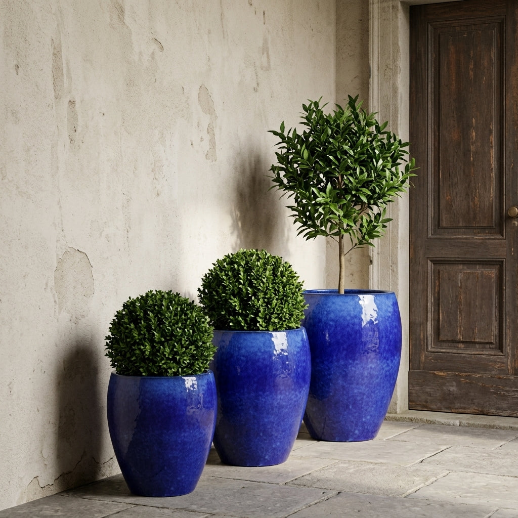 Detail na velký keramický květináč Poseidon - Majorellová modř s kulovitým buxusem. Květináč stojí na kamenné dlažbě před starými dřevěnými dveřmi, vedle žena v bílých šatech pečující o rostlinu.