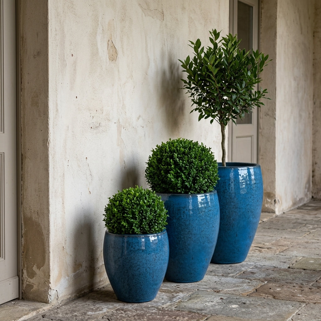 Provencelia Pflanzkübel POSEIDON2 Stahlblau – glasierte Terrakotta, Anduze-Stil