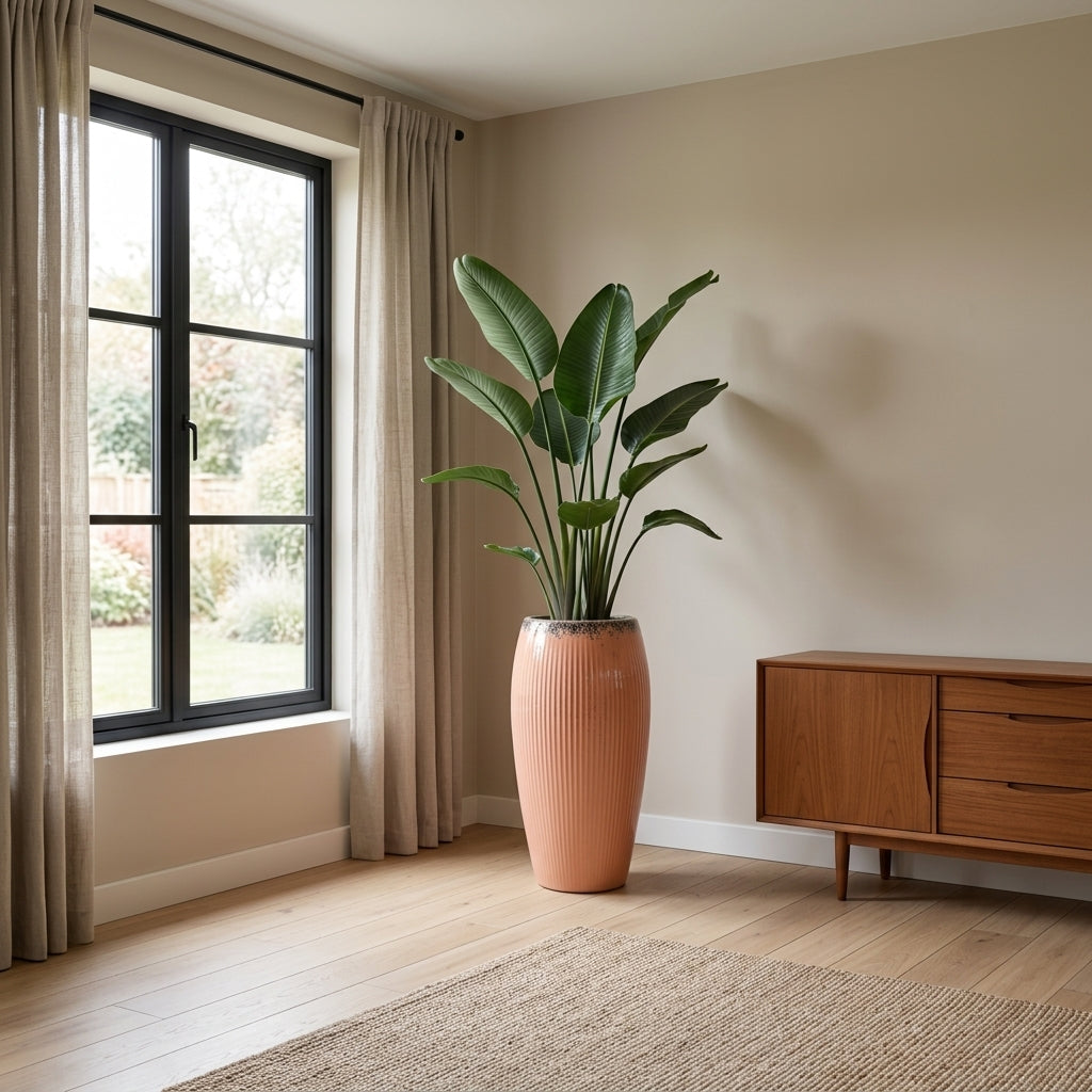 Keramický květináč Milano - Růžová o výšce 61 cm se strelícií v moderním skandinávském interiéru, žena se jemně dotýká listu rostliny.