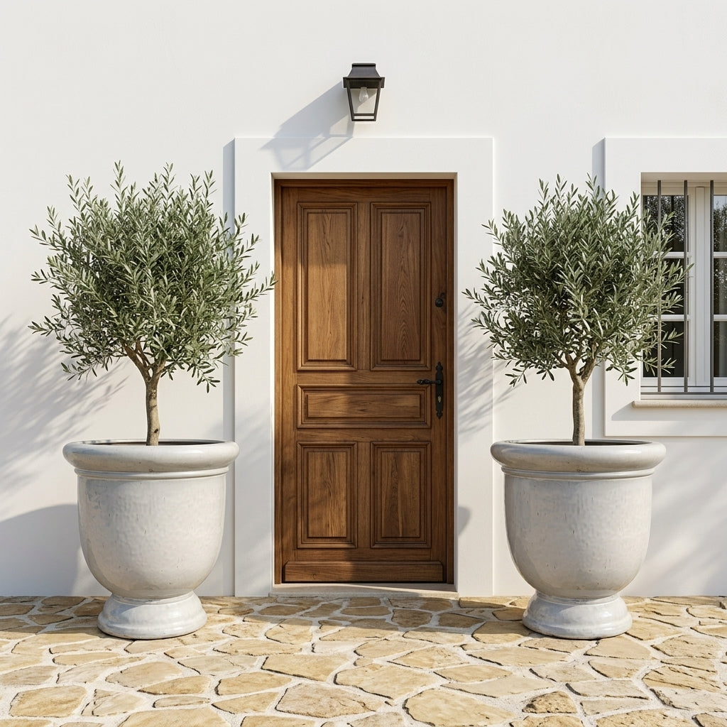 Pflanzkübel Keramik Cremefarben draußen – Titan im Anduze-Stil