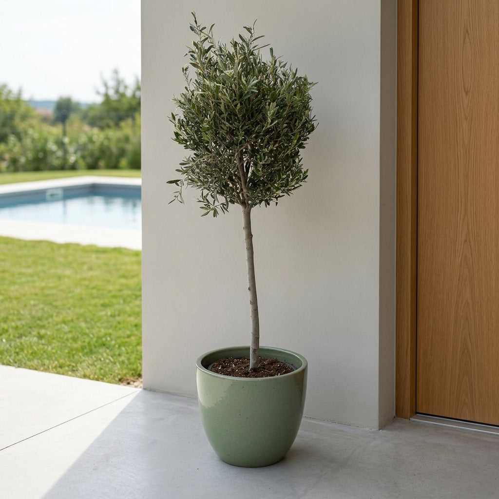 Olivenbaum schlanker Stamm im Pflanzkübel LANCELOT Jade-Perle – draußen auf der Terrasse