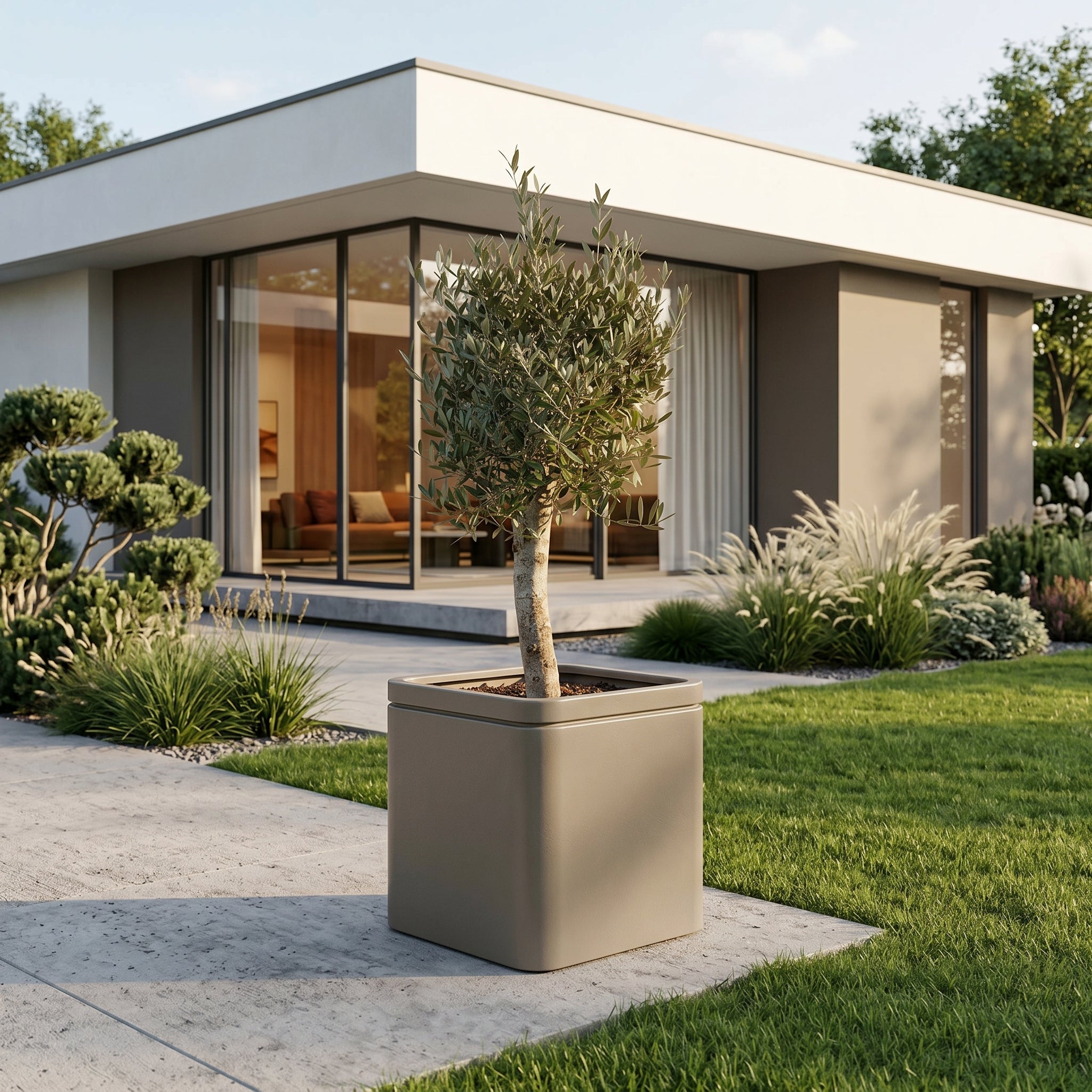 Olivenbaum (starker Stamm) im Topf INFINITY SQUARE 60×60cm — Champagner