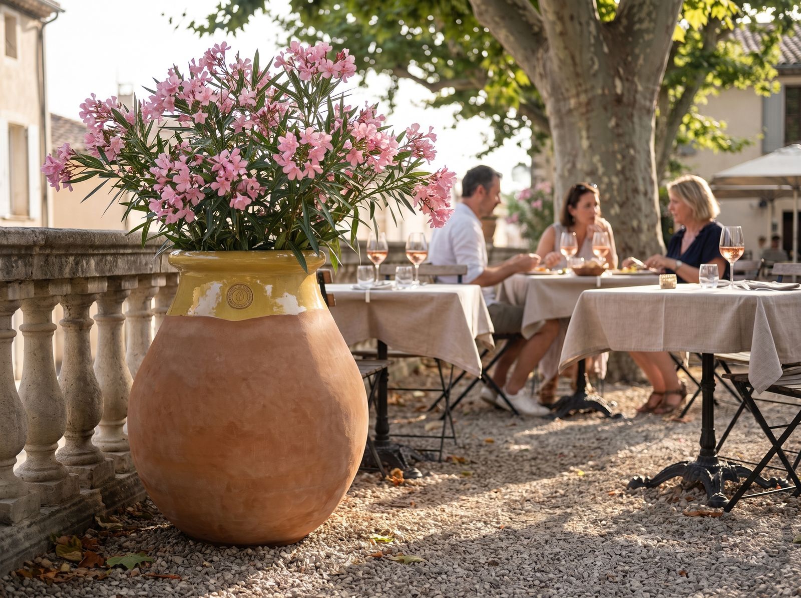 Biot mit blühendem Oleander auf einer Restaurantterrasse