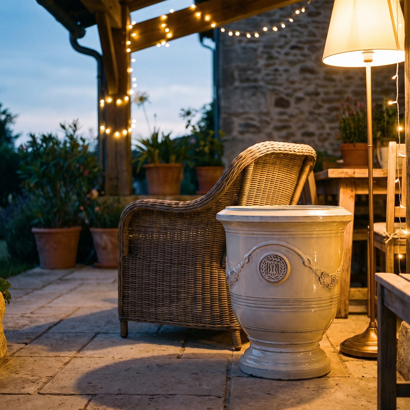 Abendliche Terrasse mit Lampen und Pflanzkübeln RICHELIEU Creme mit Blick auf die Bucht