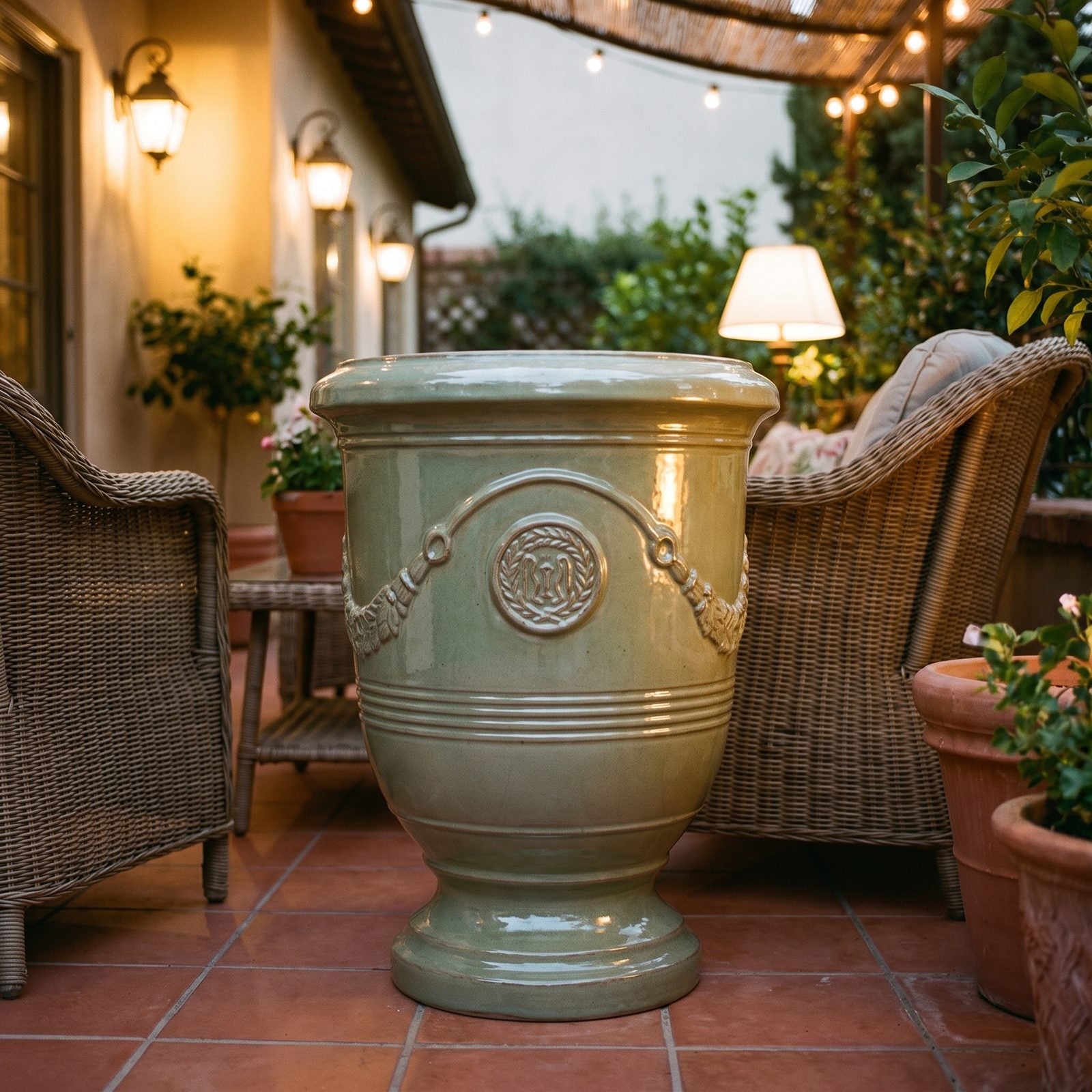 Abendliche Terrasse mit Lampen und Pflanzkübeln RICHELIEU Jade-Perle mit Blick auf die Bucht