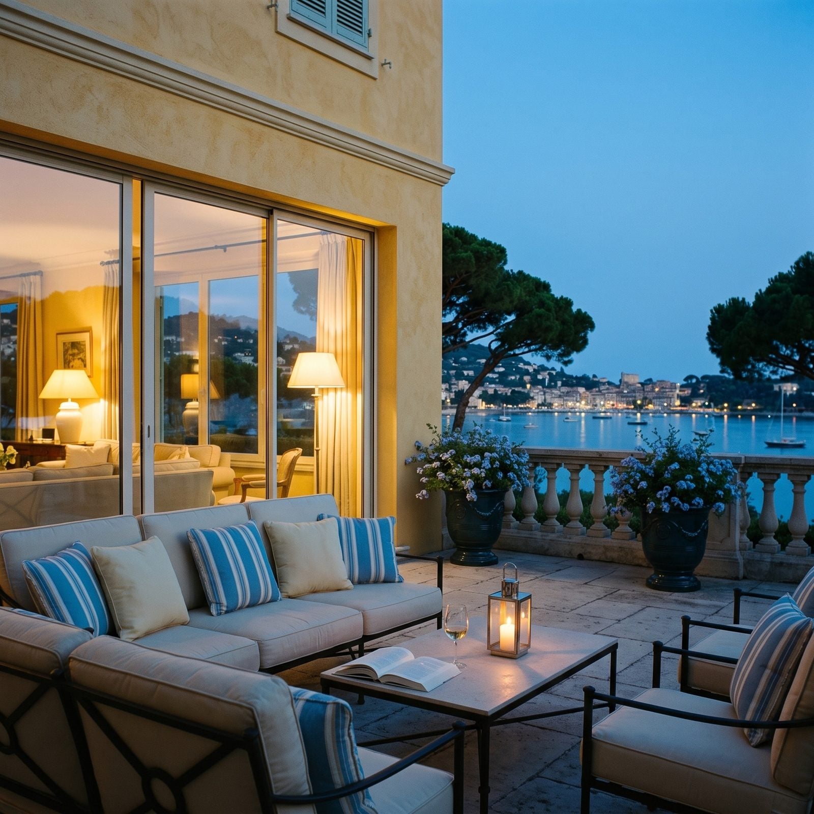 Abendliche Terrasse mit Lampen und Pflanzkübeln RICHELIEU Tropische Lagune mit Blick auf die Bucht